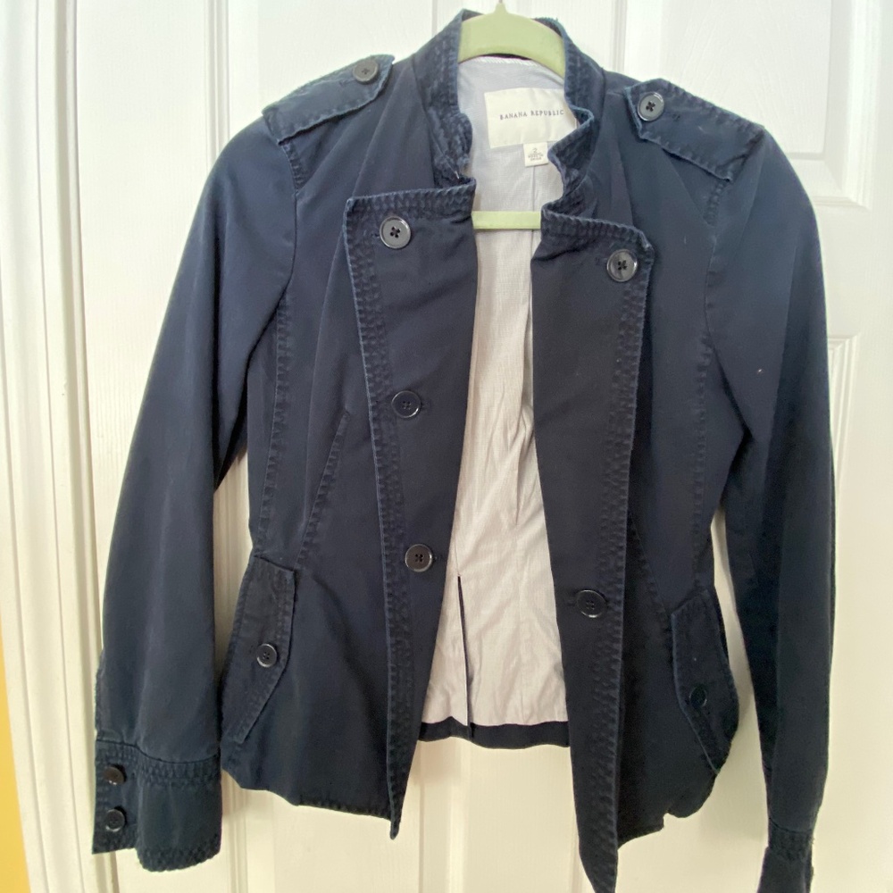 Vintage Banana Republic Size 2 100% Cotton Navy Blue Blazer